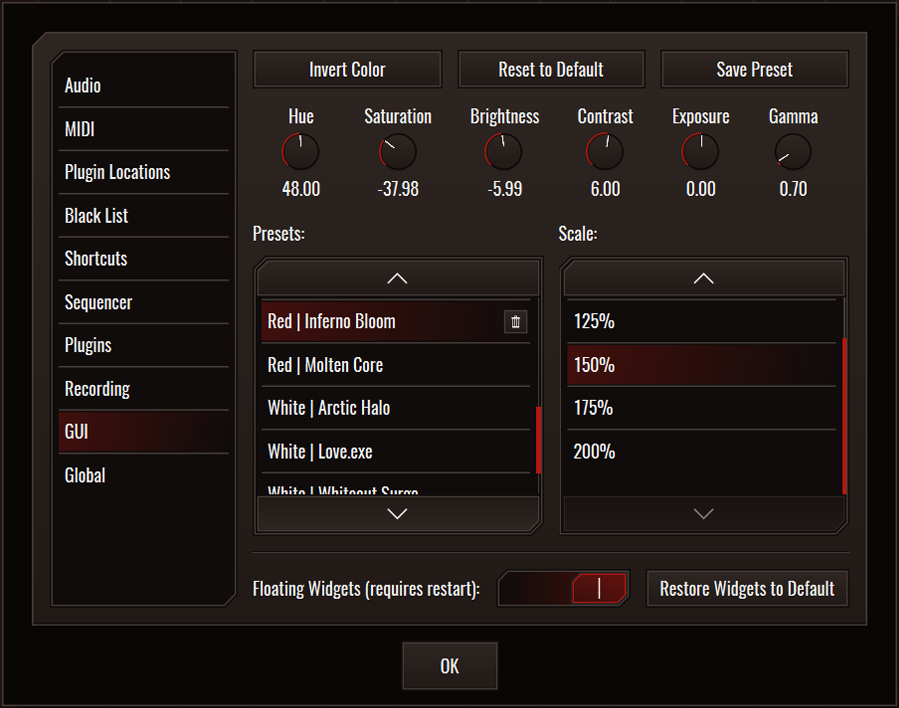 This image shows the GUI skin preset values for the Inferno Bloom preset.
