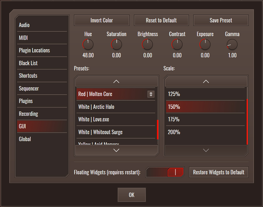 This image shows the GUI skin preset values for the Molten Core preset.