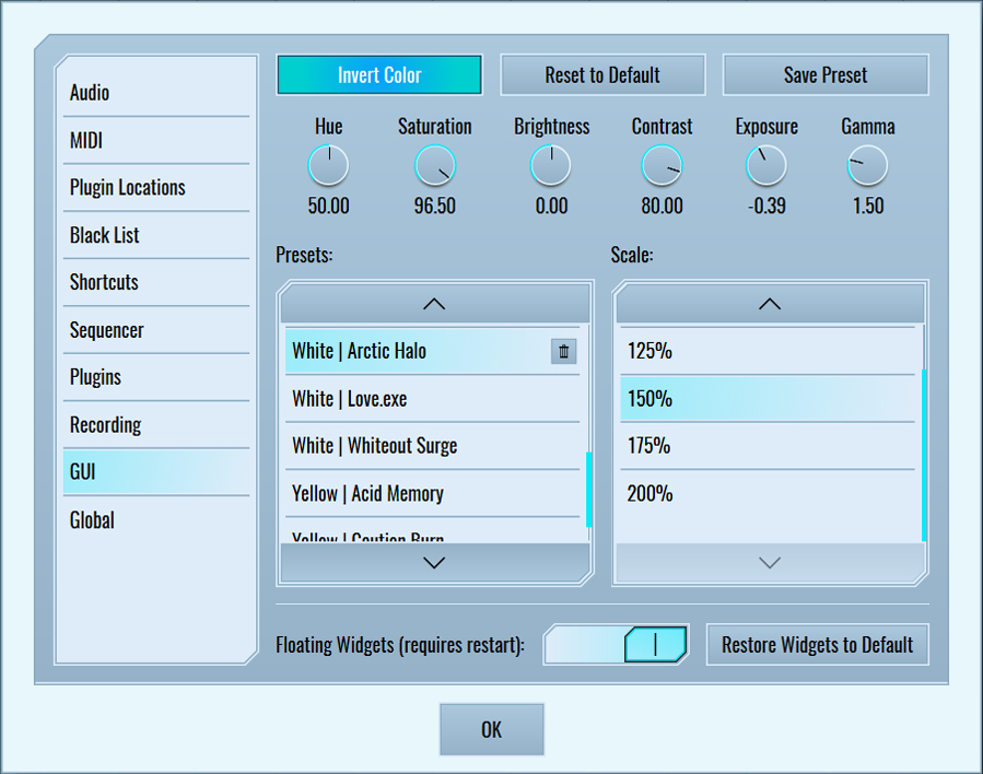 This image shows the GUI skin preset values for the Arctic Halo preset.