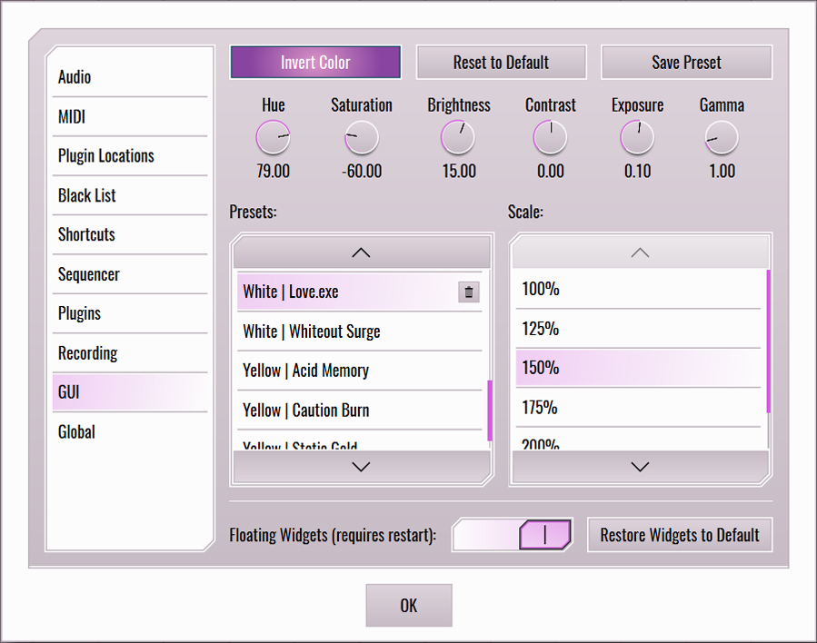 This image shows the GUI skin preset values for the Love.exe preset.