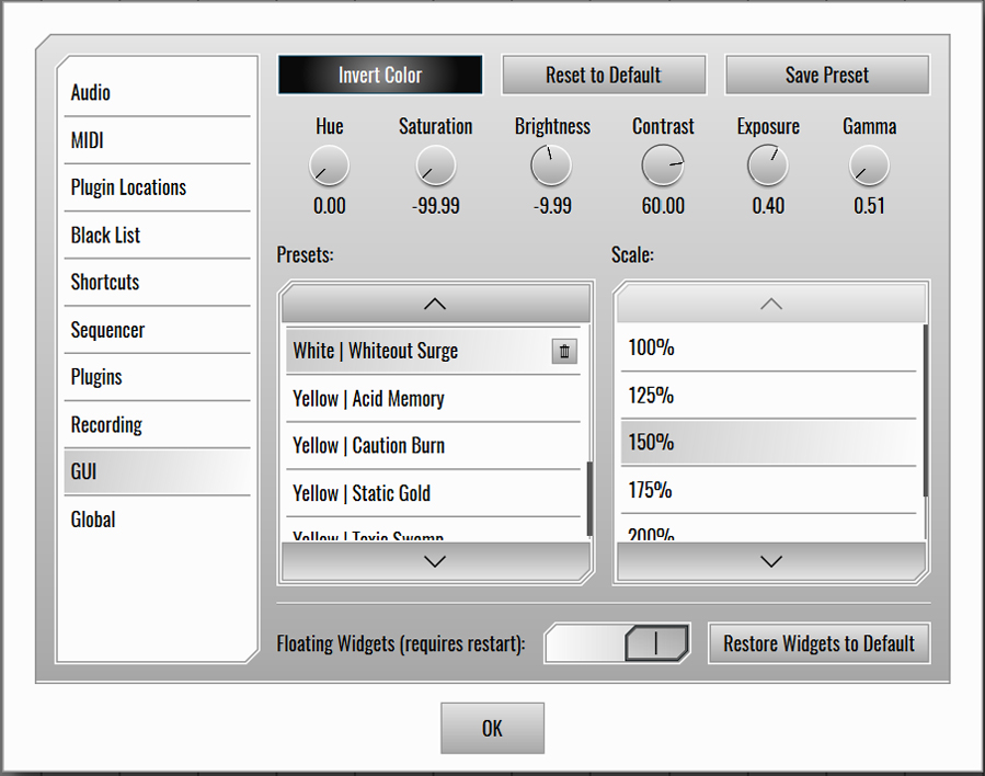 This image shows the GUI skin preset values for the Whiteout Surge preset.
