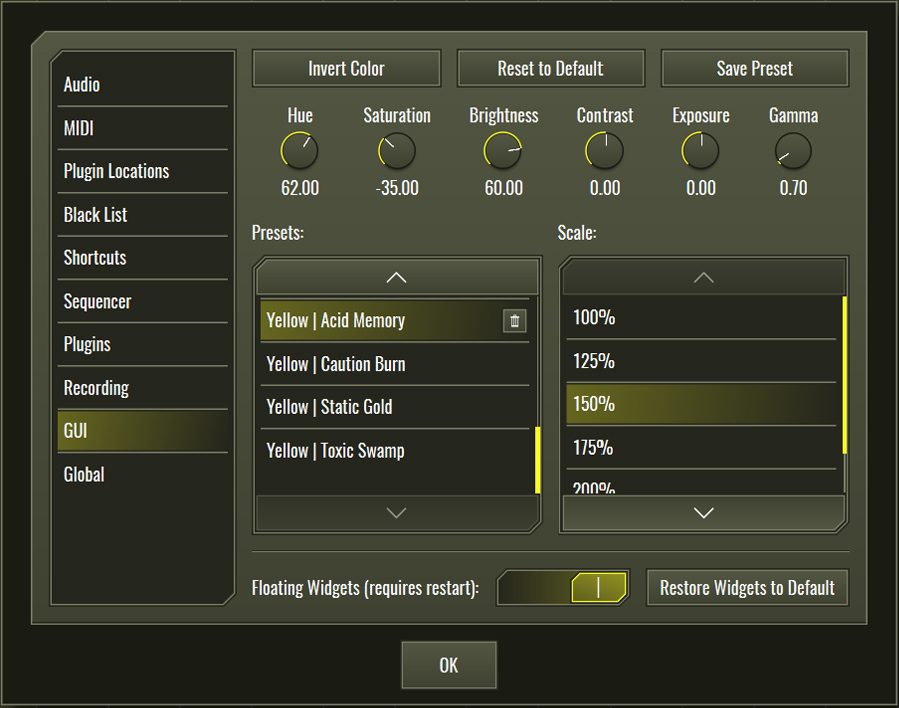 This image shows the GUI skin preset values for the Acid Memory preset.