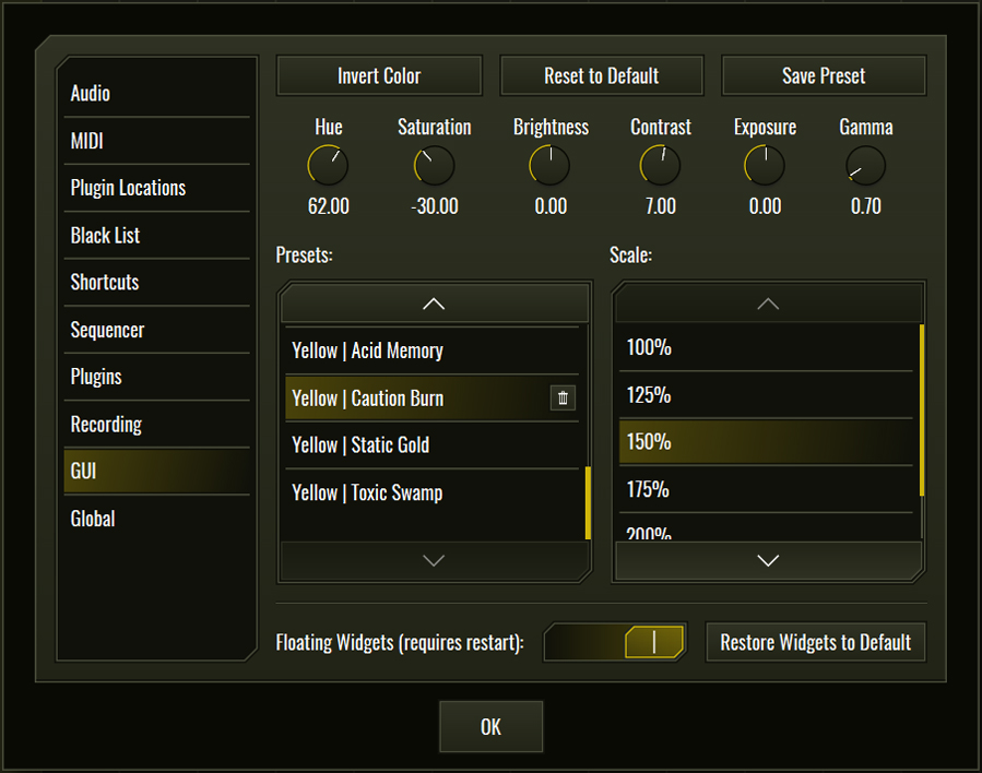 This image shows the GUI skin preset values for the Caution Burn preset.