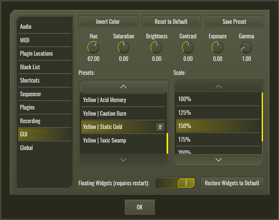 This image shows the GUI skin preset values for the Static Gold preset.