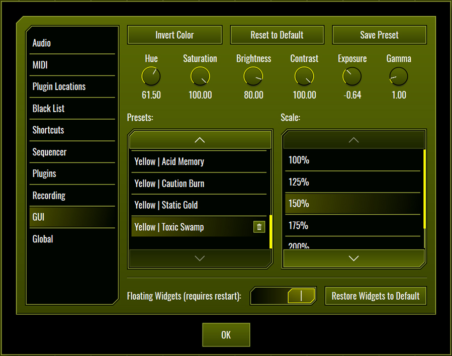 This image shows the GUI skin preset values for the Toxic Swamp preset.