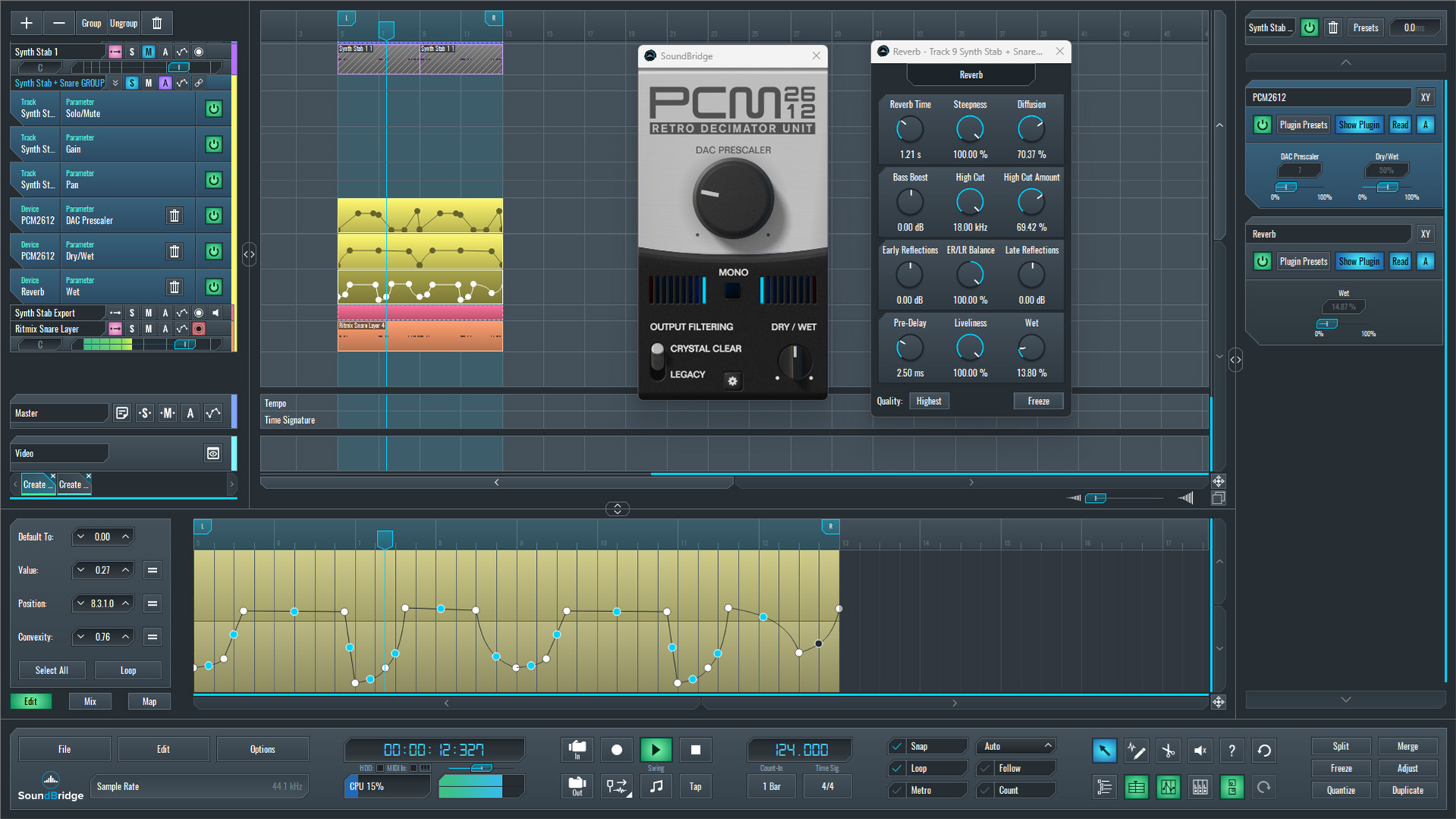 This is an image of the SoundBridge built-in reverb plugin and PCM2612 Retro Decimator we used to create our reverb throws