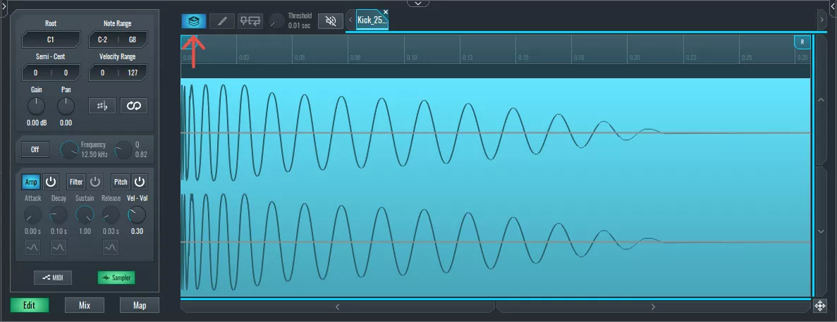 This is an image of the kick drum as layer in the sampler.