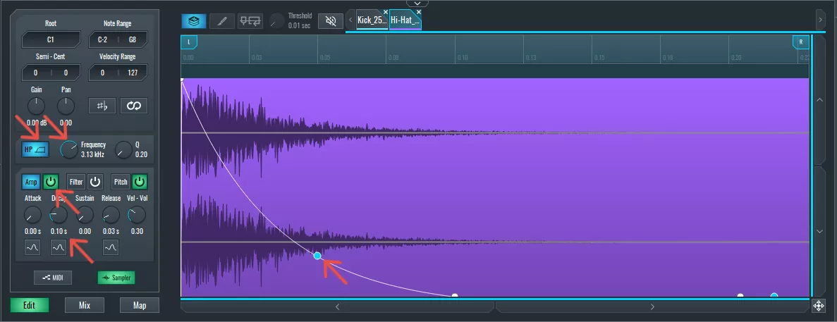 This is an image of the Hi-hat as a layer for the kick drum in the sampler.