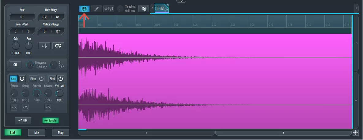 This image shows the primary hi-hat layer in the Sampler.