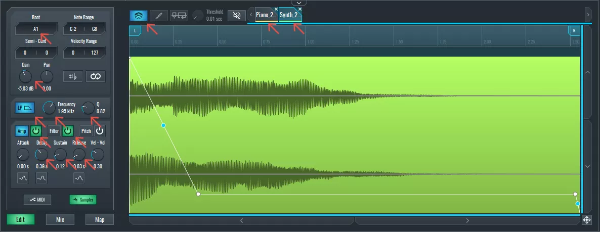 This image shows a piano sample alongside a synth sample as a creative layer in SoundBridge