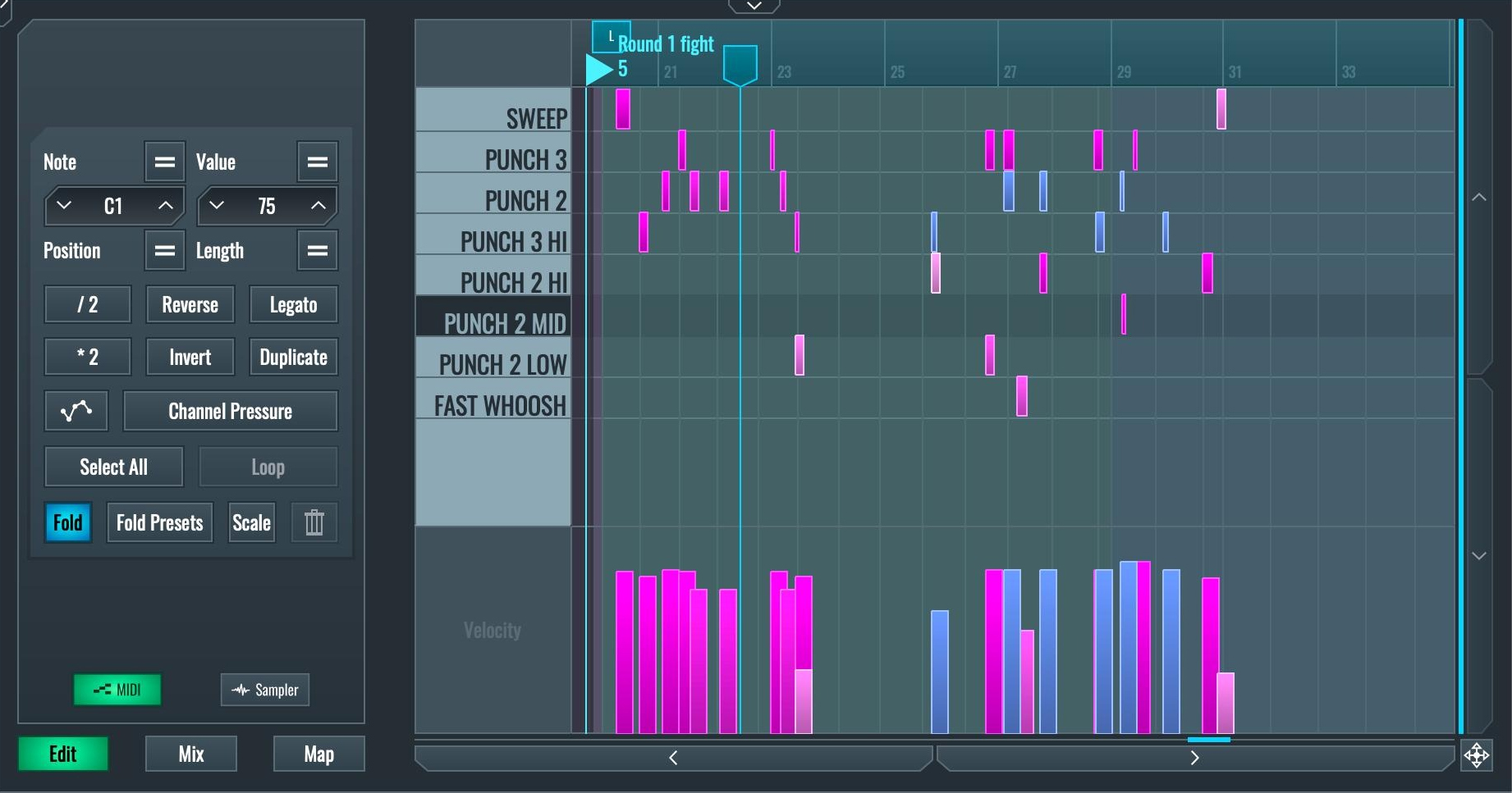 This is an image of the MIDI editor in SoundBridge showing the Foley and SFX.