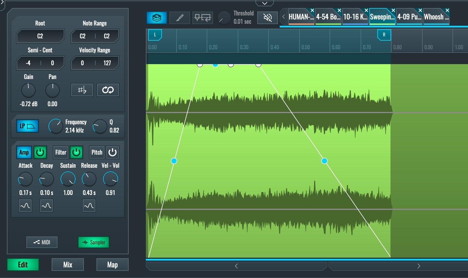 This is an iamge of the SoundBridge sampler with imported sfx and foley.