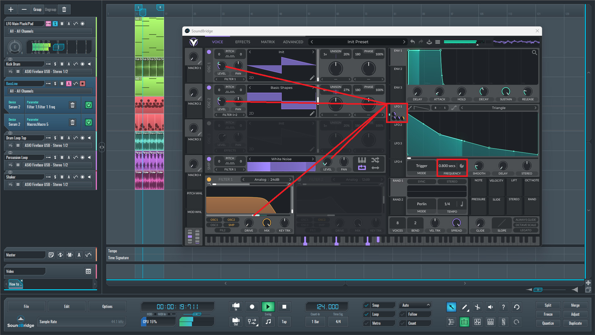 This is an image of the Vital synth modulation settings we used to design our LFO pluck.