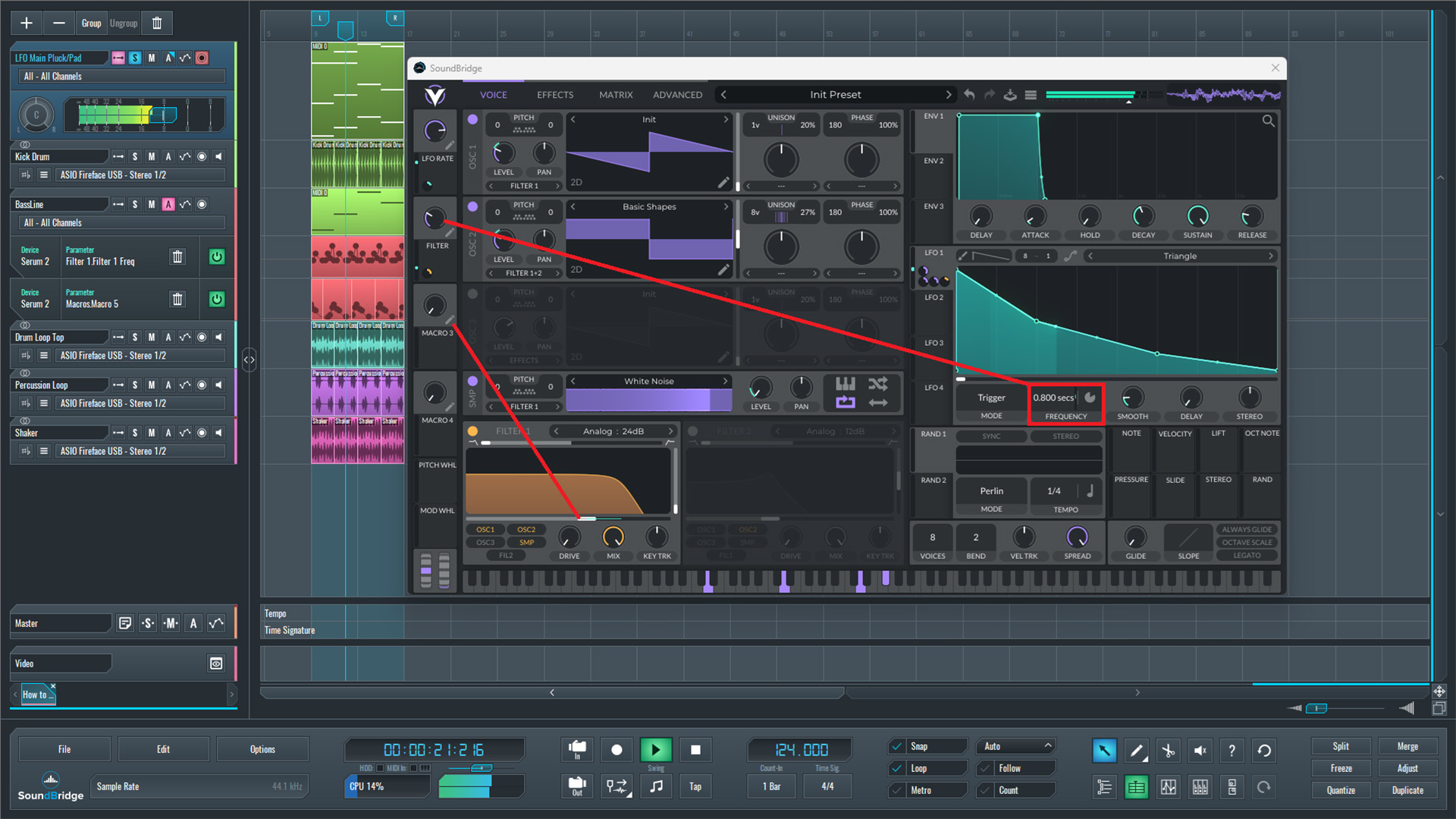 This is an image of the Vital synth macro control settings we used for our modern LFO pluck sound.