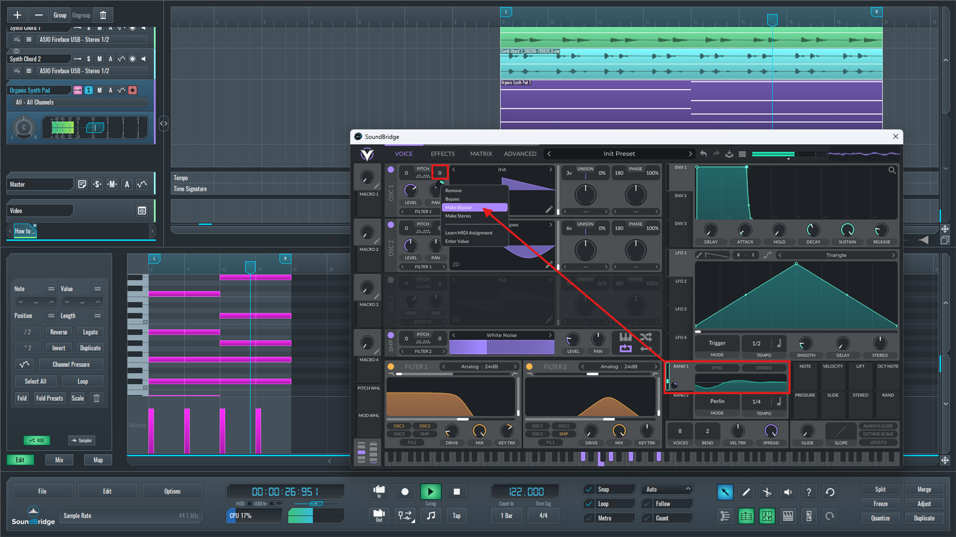 This is an image of Vital Synth's interface showing the settings we used to add pitch variations to our organic pad sound