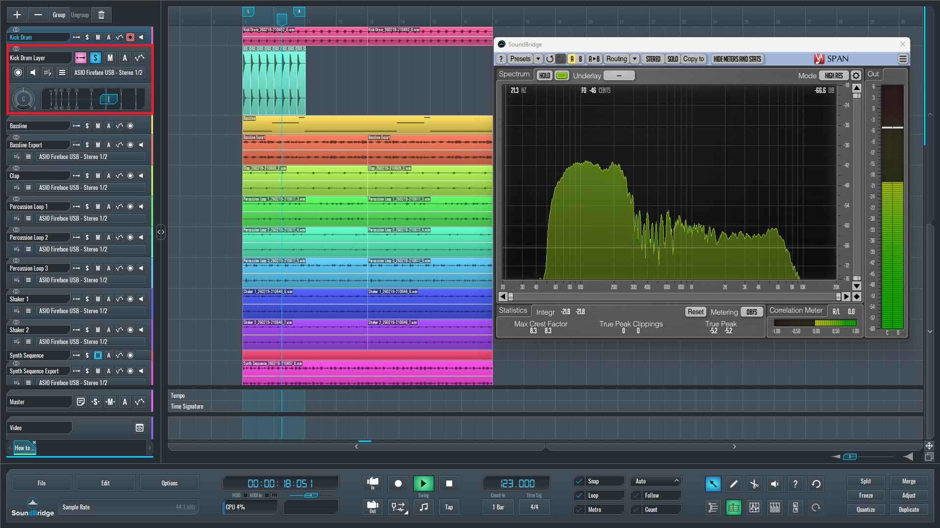 This is an image of the Voxengo SPAN analyzer we used to observe the frequency distribution of our new kick drum layer.