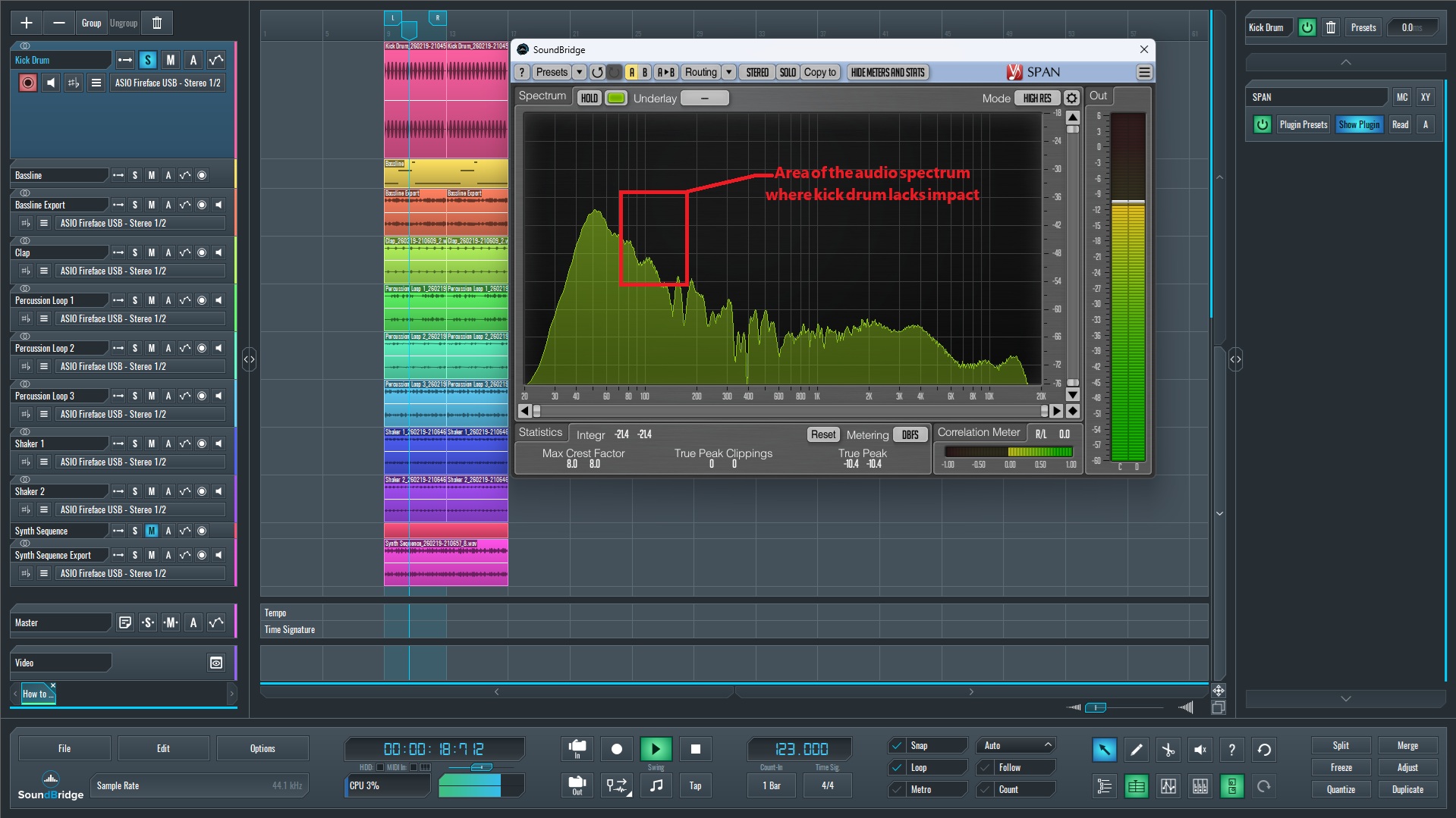 This is an image of the Voxengo SPAN analyzer we used to confirm the missing punch in our first kick drum layer.