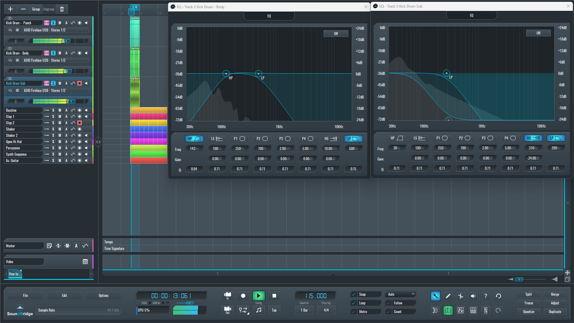 This is an image of the SoundBridge native EQ we used to process our kick drum layers.