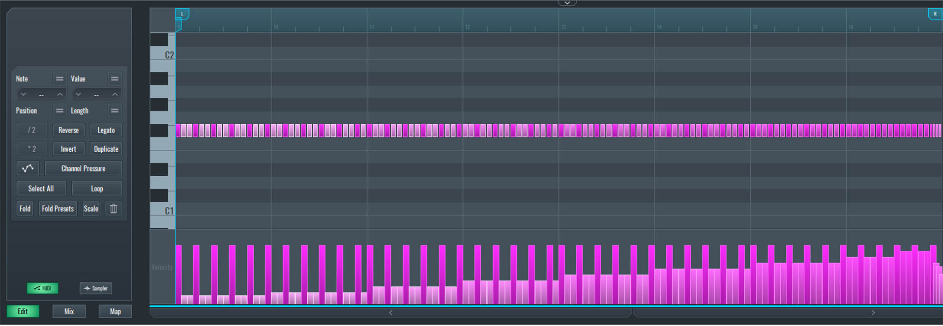 This is an image of the MIDI sequence for our clap buildup layer.