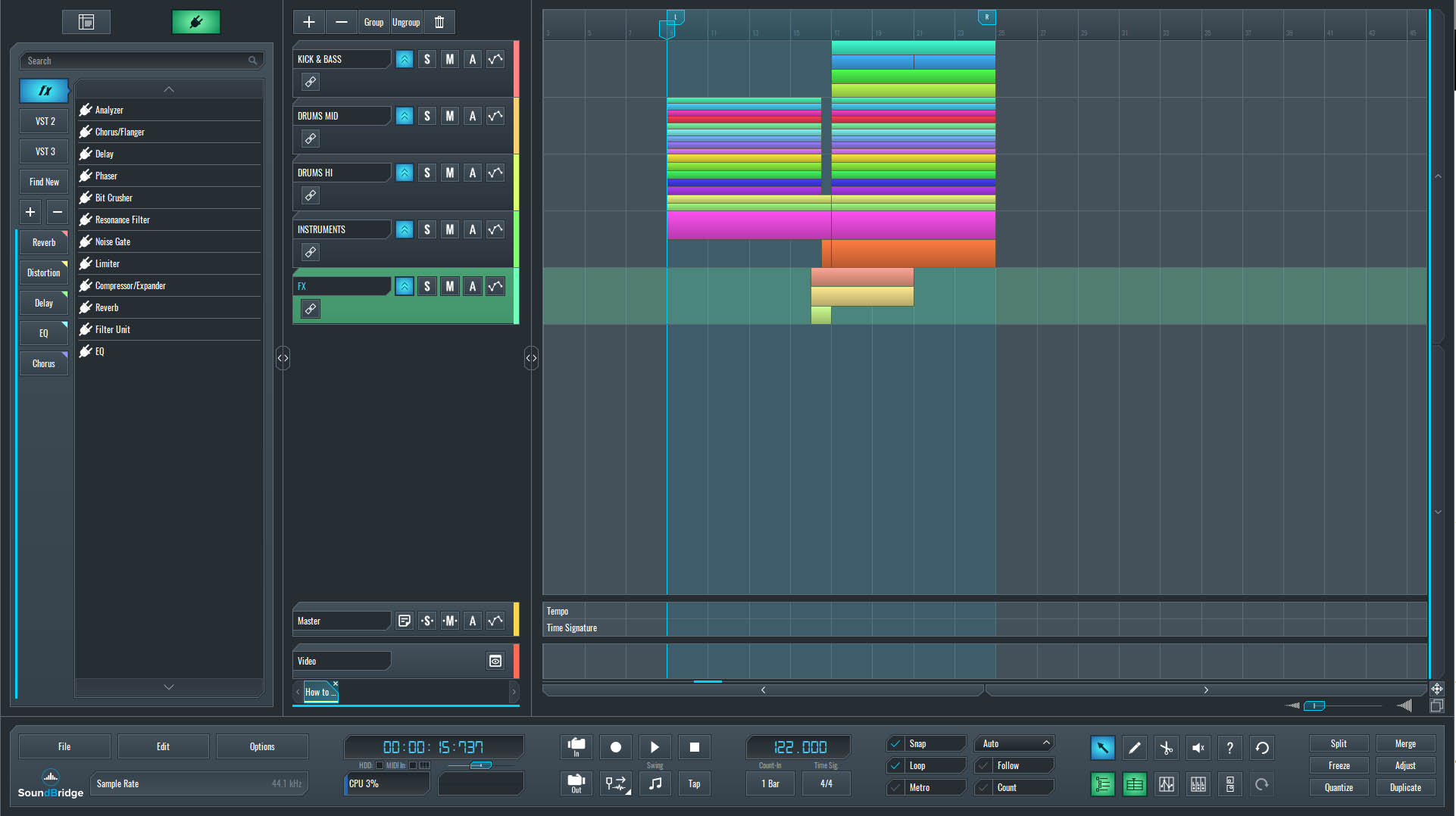 This is an image of our full mix in SoundBridge where we'll be layering our buildup elements