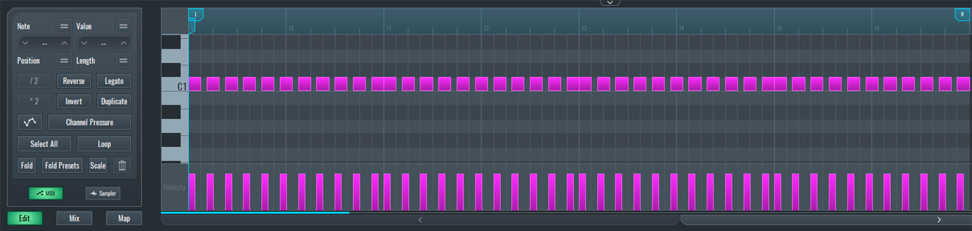 This is an image of the MIDI pattern of our white noise buildup layer.