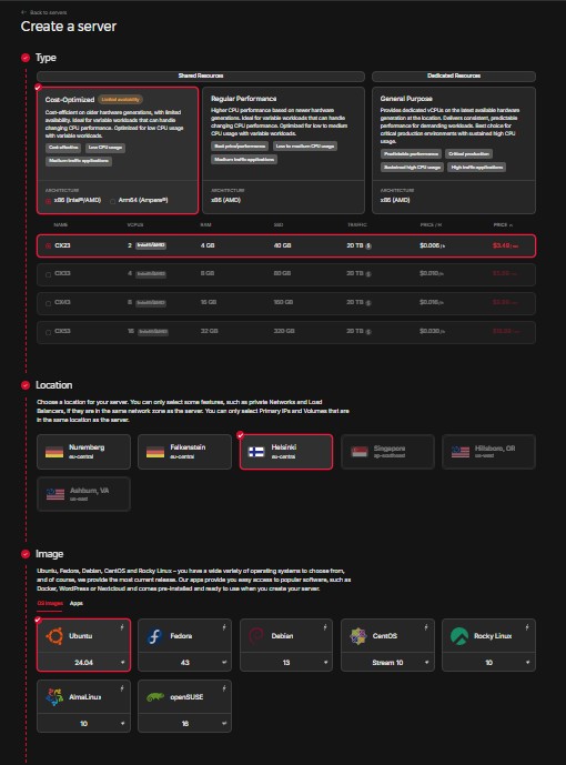 A screenshot of the Hetzner Cloud console interface showing the 'Create a server' workflow. The UI displays options for Cost-Optimized ARM64 servers, location selection in Nuremberg, and OS image selection including Ubuntu 24.04.