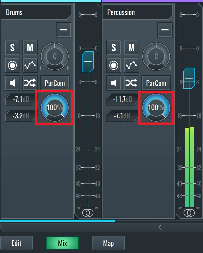 This image shows the Send amount for Parallel Compression in the Mixer.