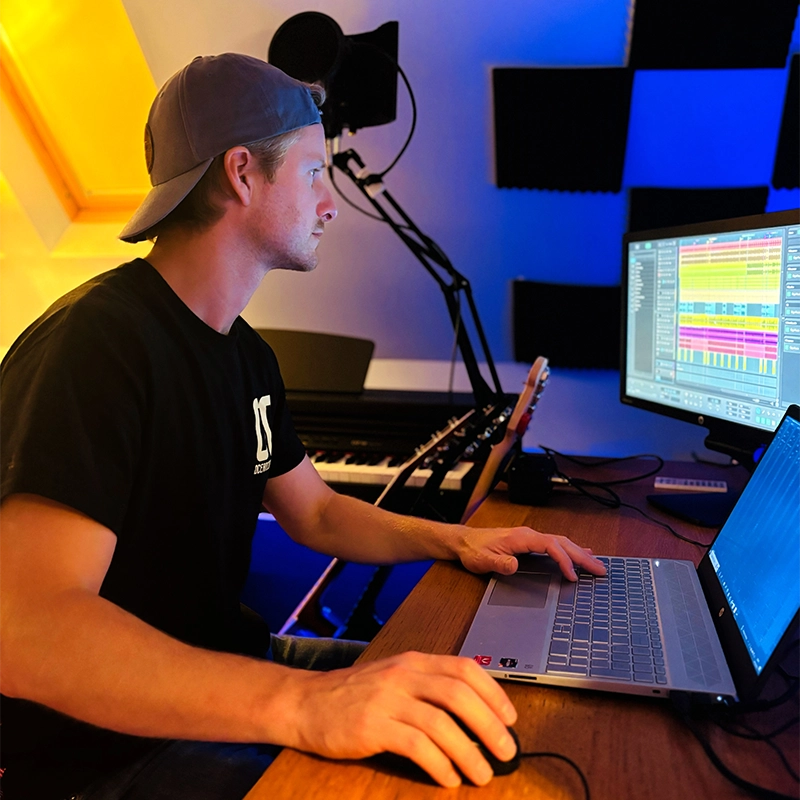 This is an image of Tristan Hutton working in his studio on SoundBridge.