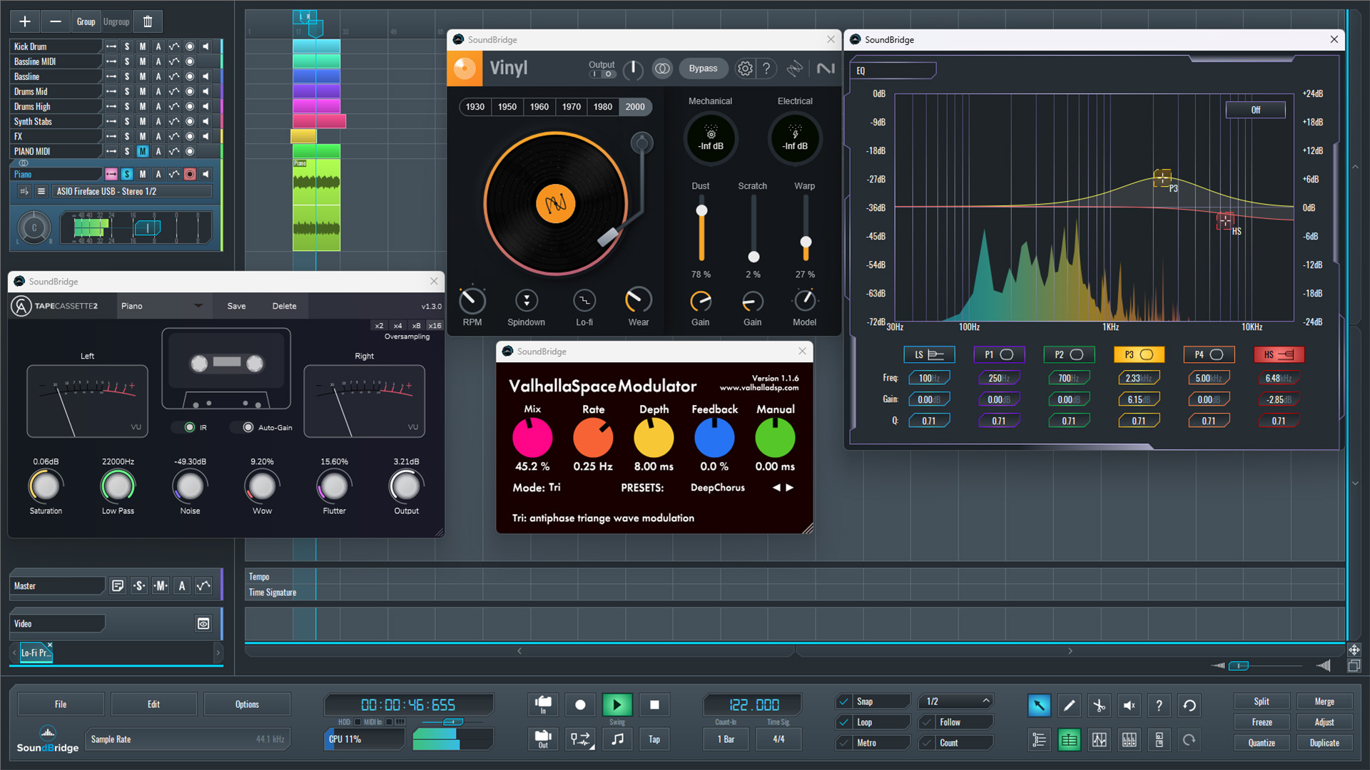 This is an image showing the SoundBridge plugin we used to finalize the lo-fi processing of our piano sound.