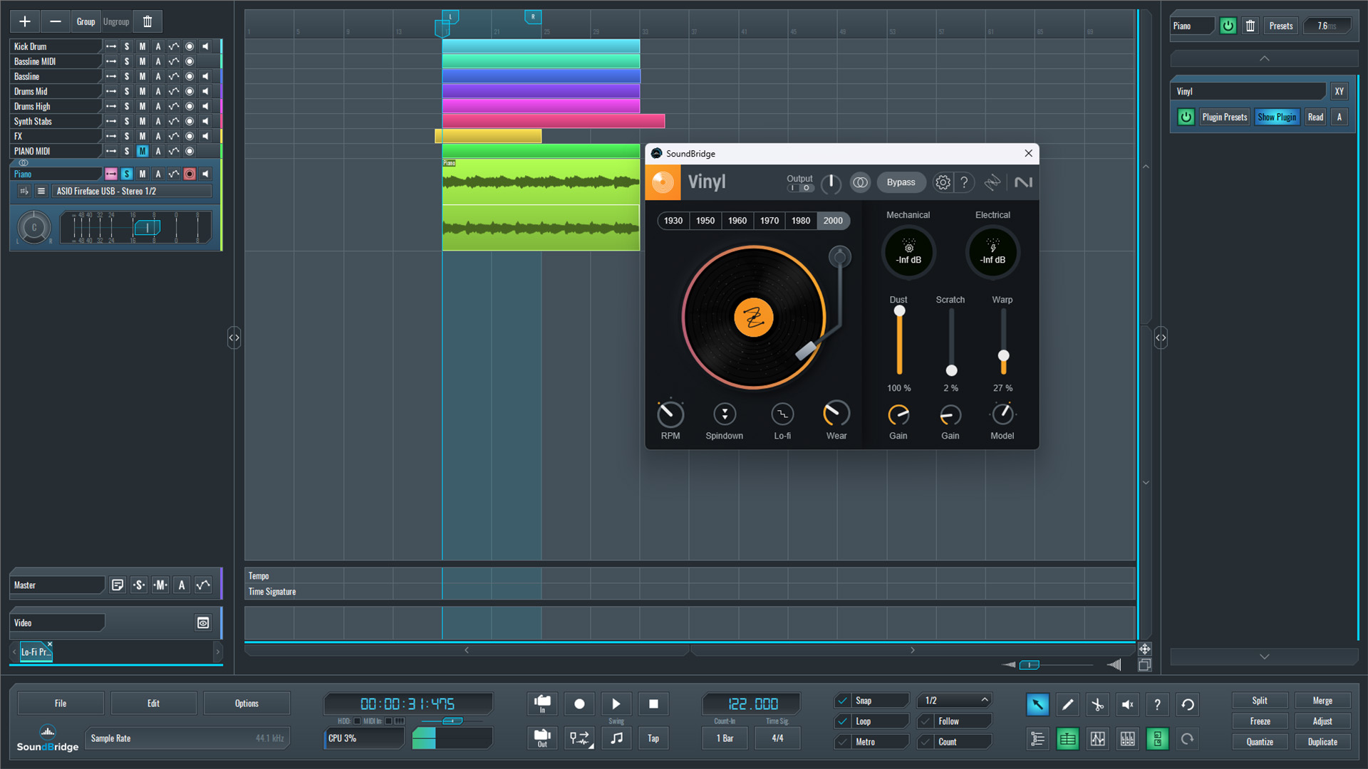 This is an image of the Izotope Vinyl plugin we used to give our piano sound some lo-fi processing