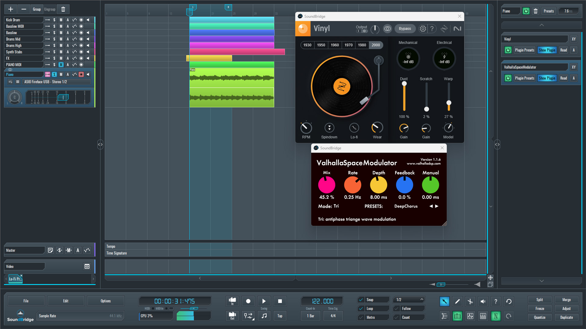 This is an image of the Valhalla Space Modulator plugin we used to process our piano sound for some more lo-fi movement.