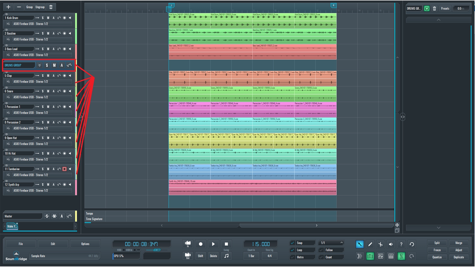 This is a screenshot of our mix with all the drums assigned to the DRUMS group channel.