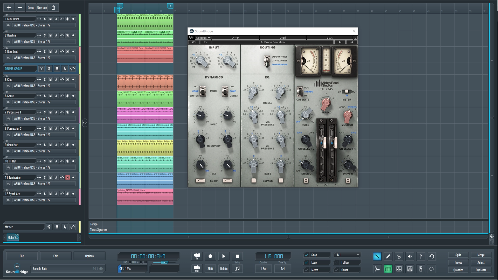 This is a screenshot of our mix with a saturation effect applied to the DRUMS group channel.