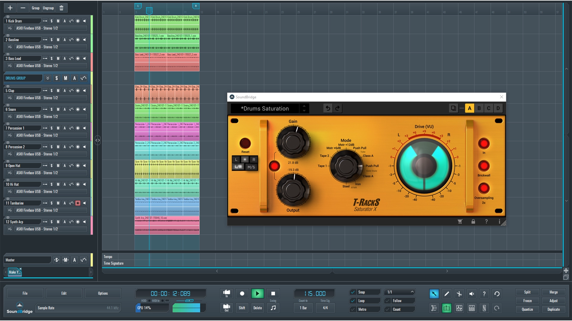 This is a screenshot of our mix with another layer of saturation applied to the DRUMS group channel.