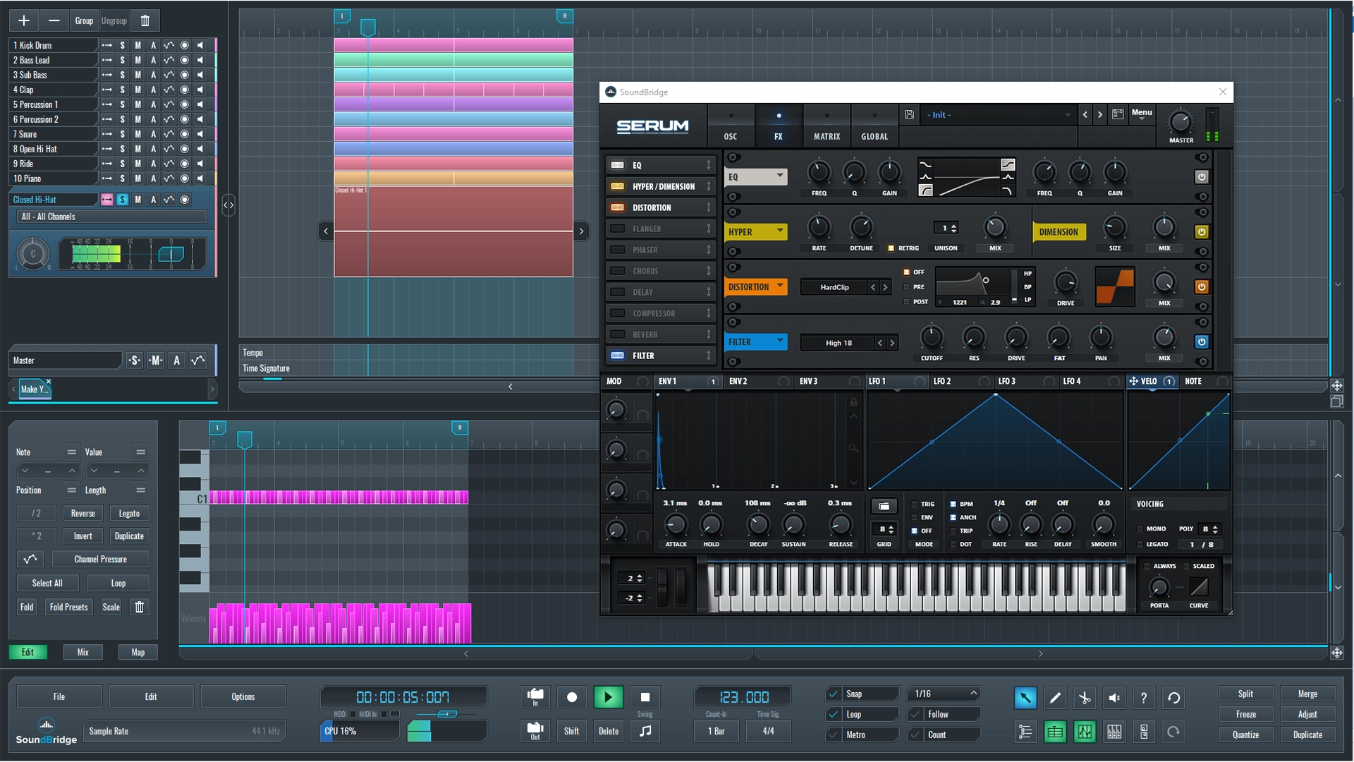 This is a screenshot of our mix and the Serum interface showing its effect rack.