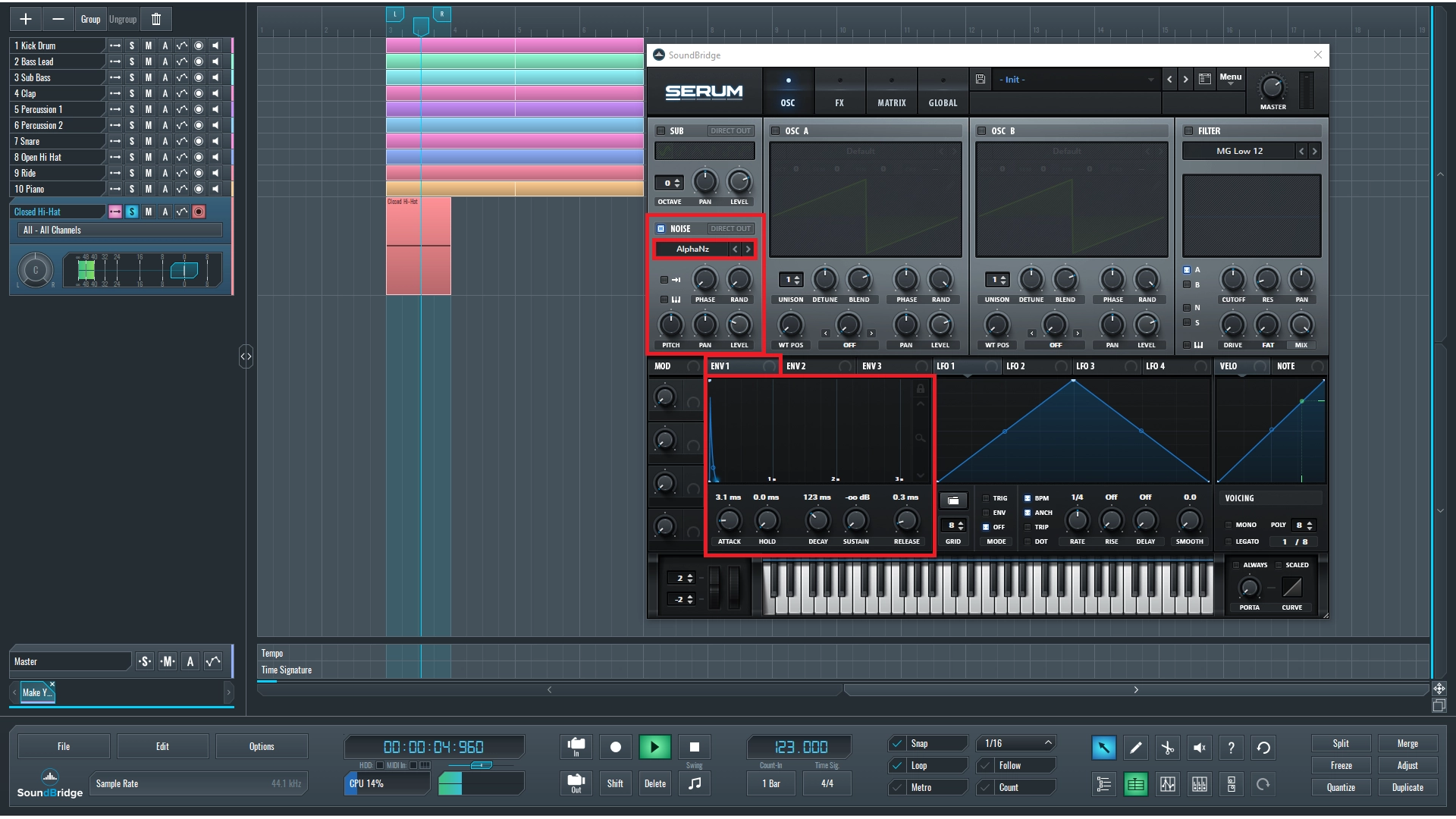 This is a screenshot of our mix and the Serum interface highlighting the noise oscillator and volume envelope section used to make our hi-hat sound.