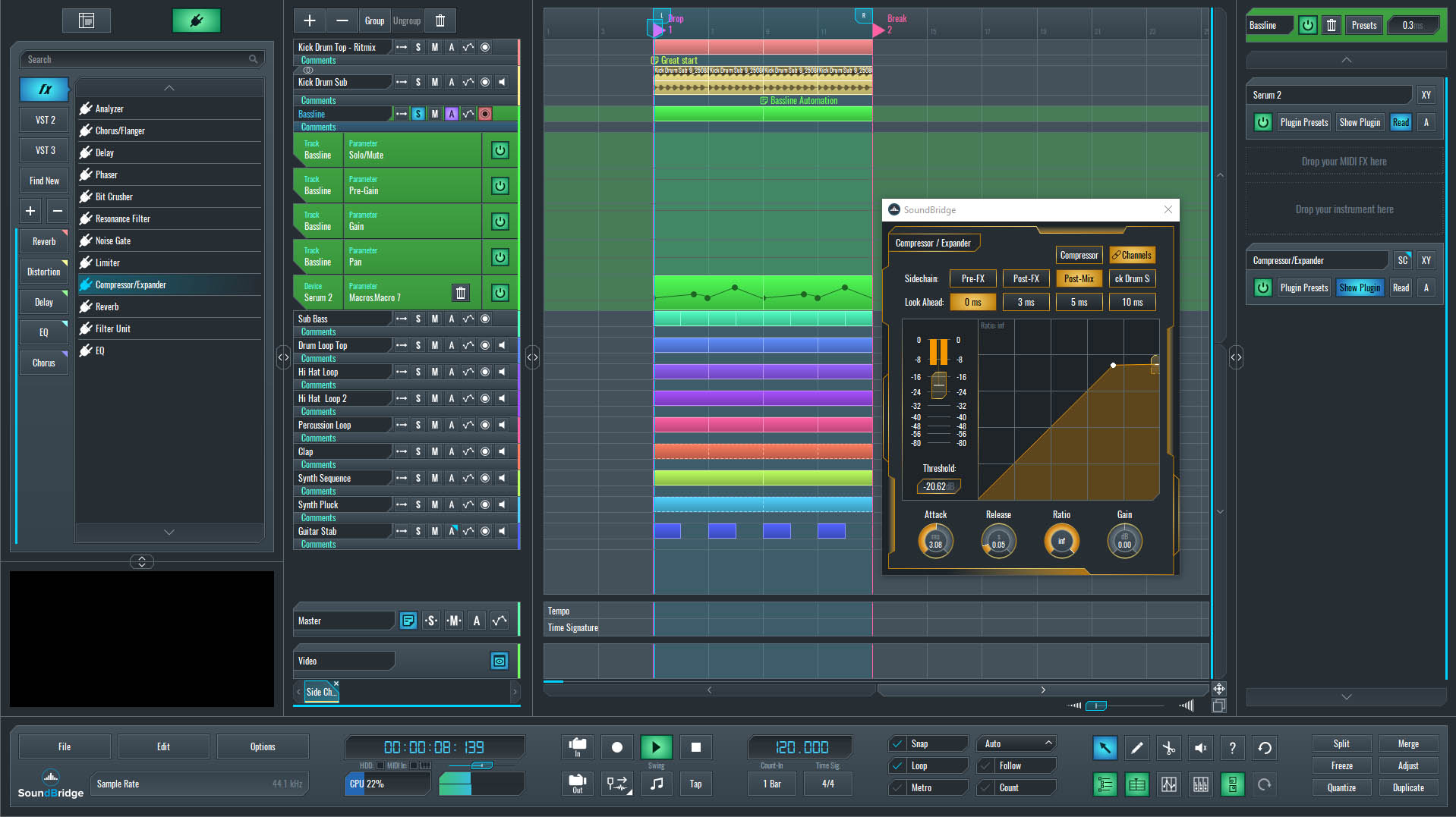This is an image of the sidechain technique using a compressor in SoundBridge