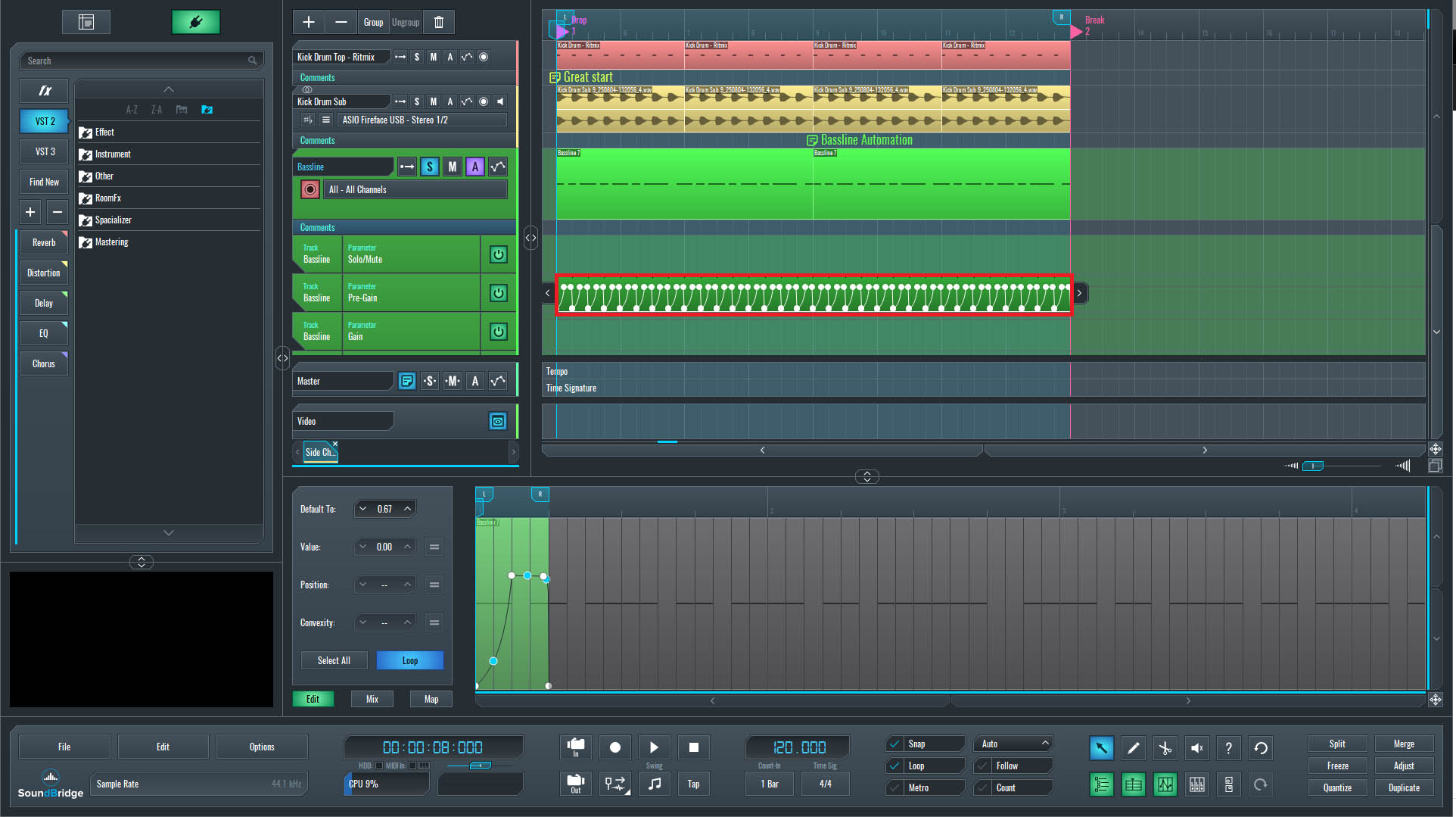 This is an image of the sidechain technique using the pre-gain automation in SoundBridge.