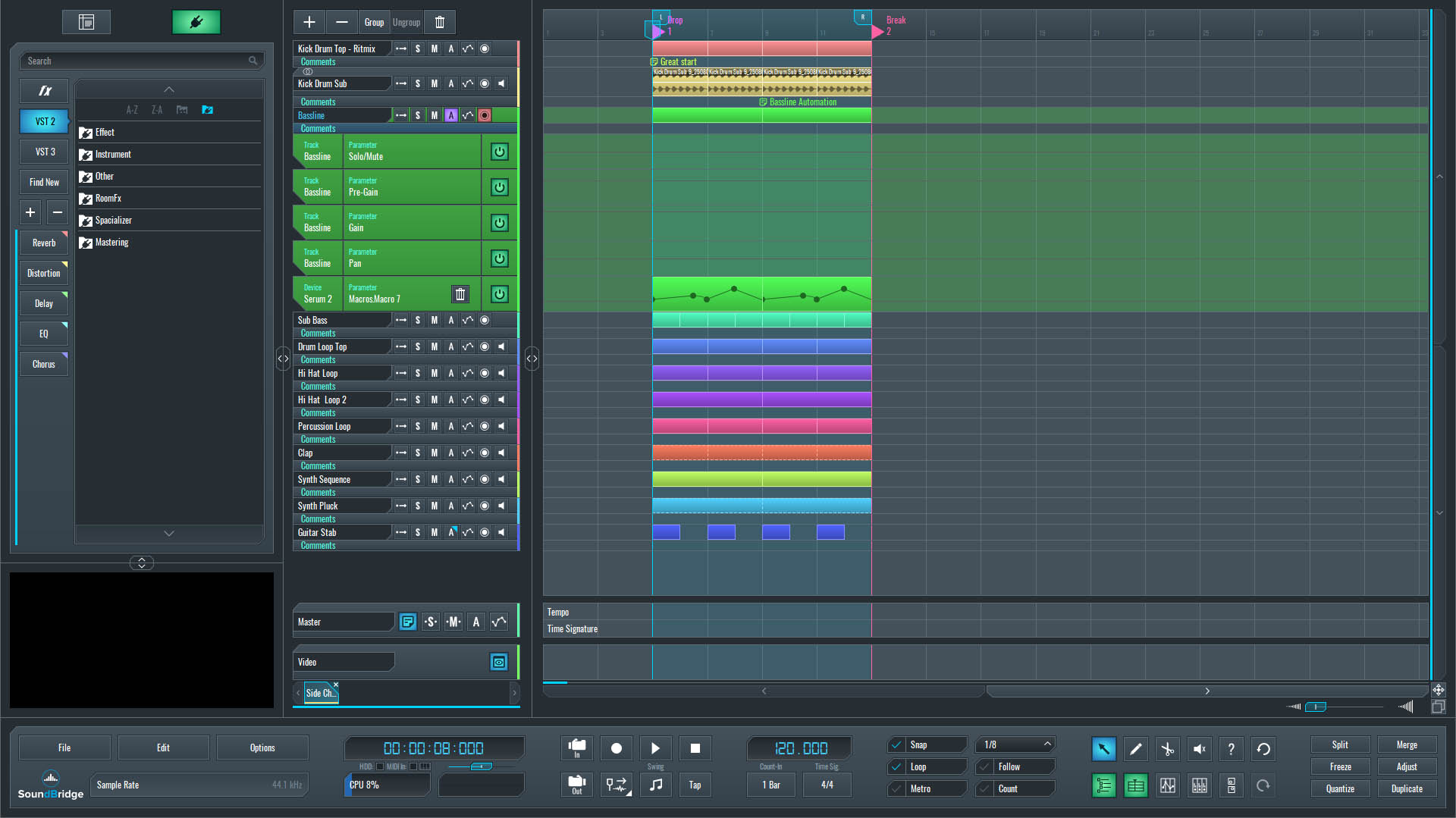 This is an image of SoundBridge showing the track that will be used to demonstrate the sidechain technique.
