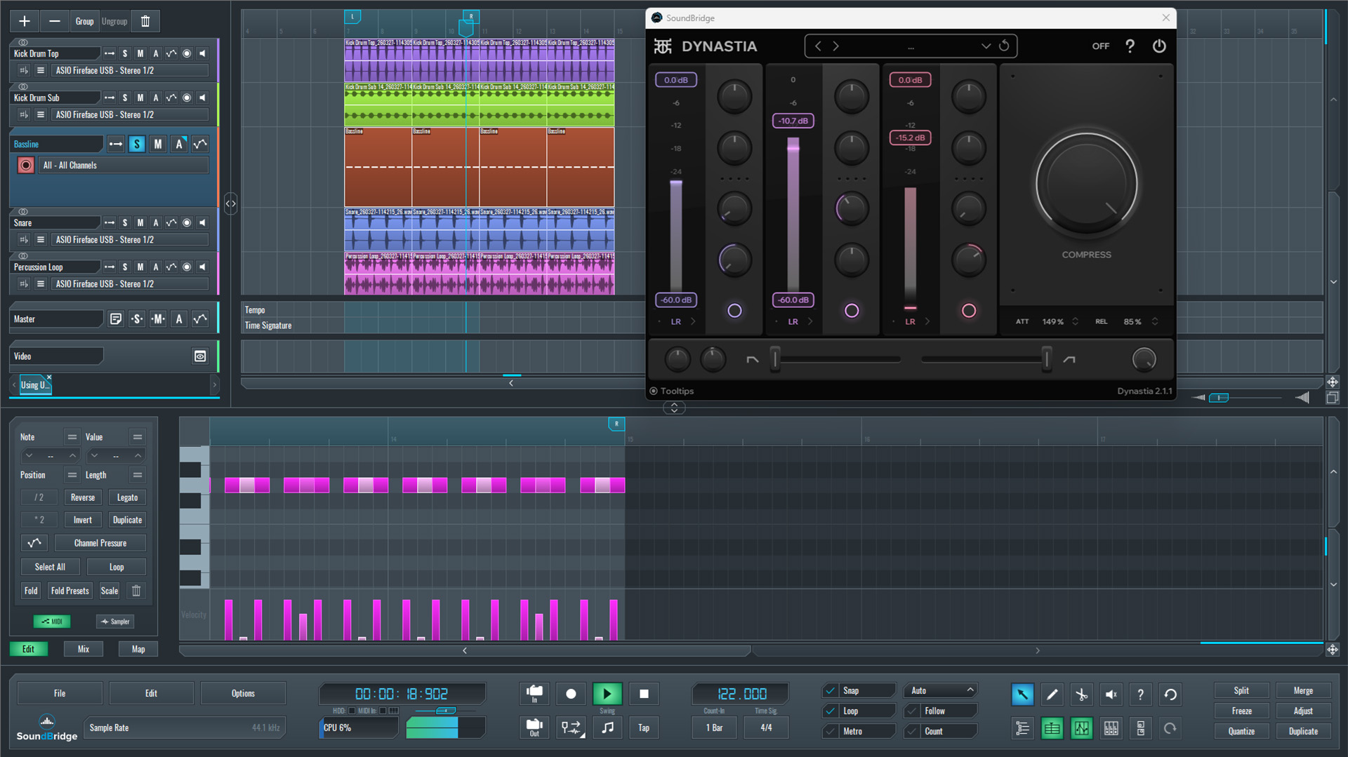 This is an image of the Outobugi Dynastia plugin we used to add upward-downward compression to our bass sound
