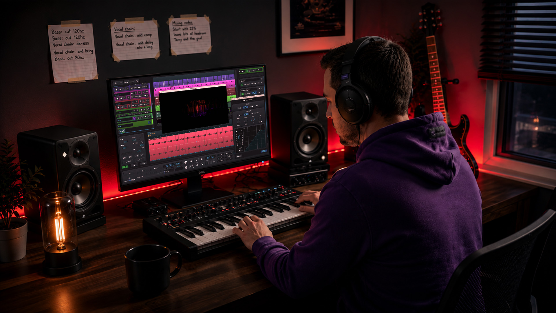 Man adjusting levels at home audio studio desk