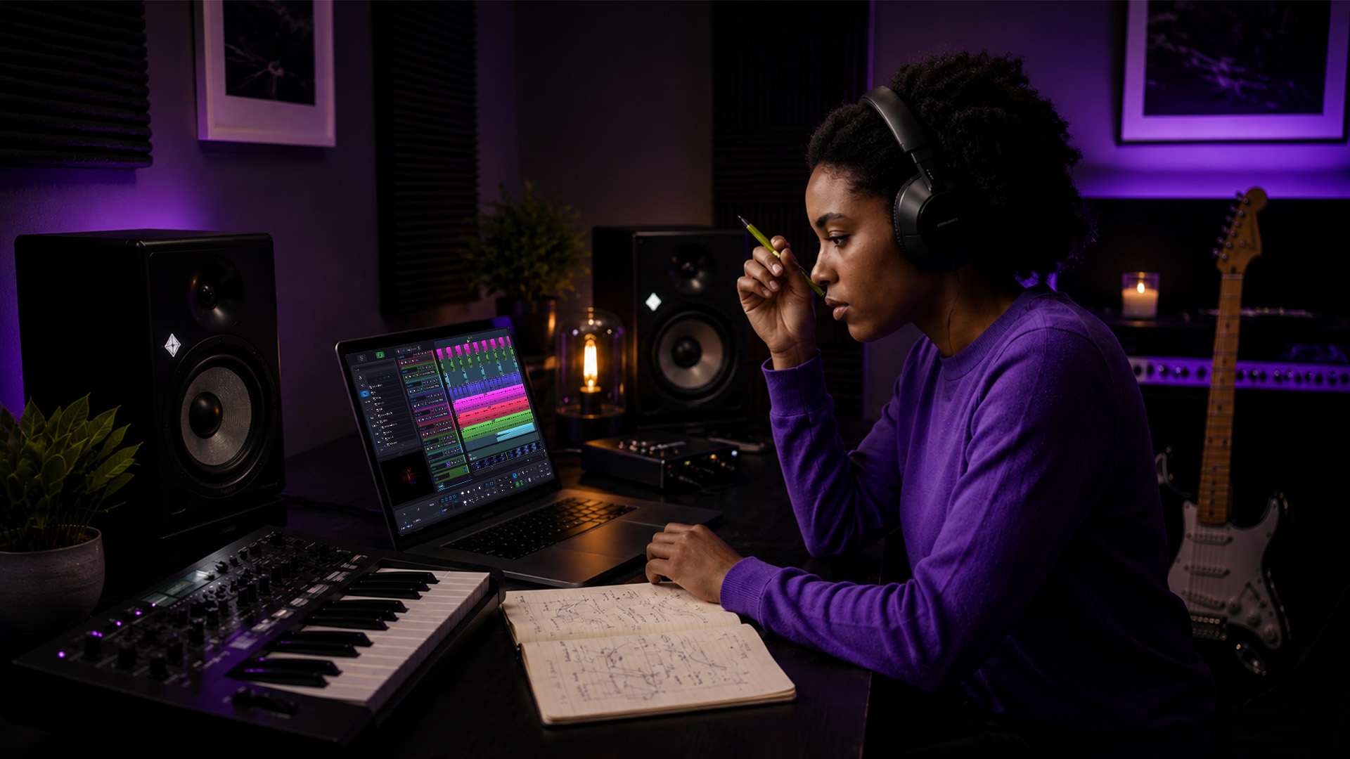 Woman reviewing audio dynamics at kitchen table