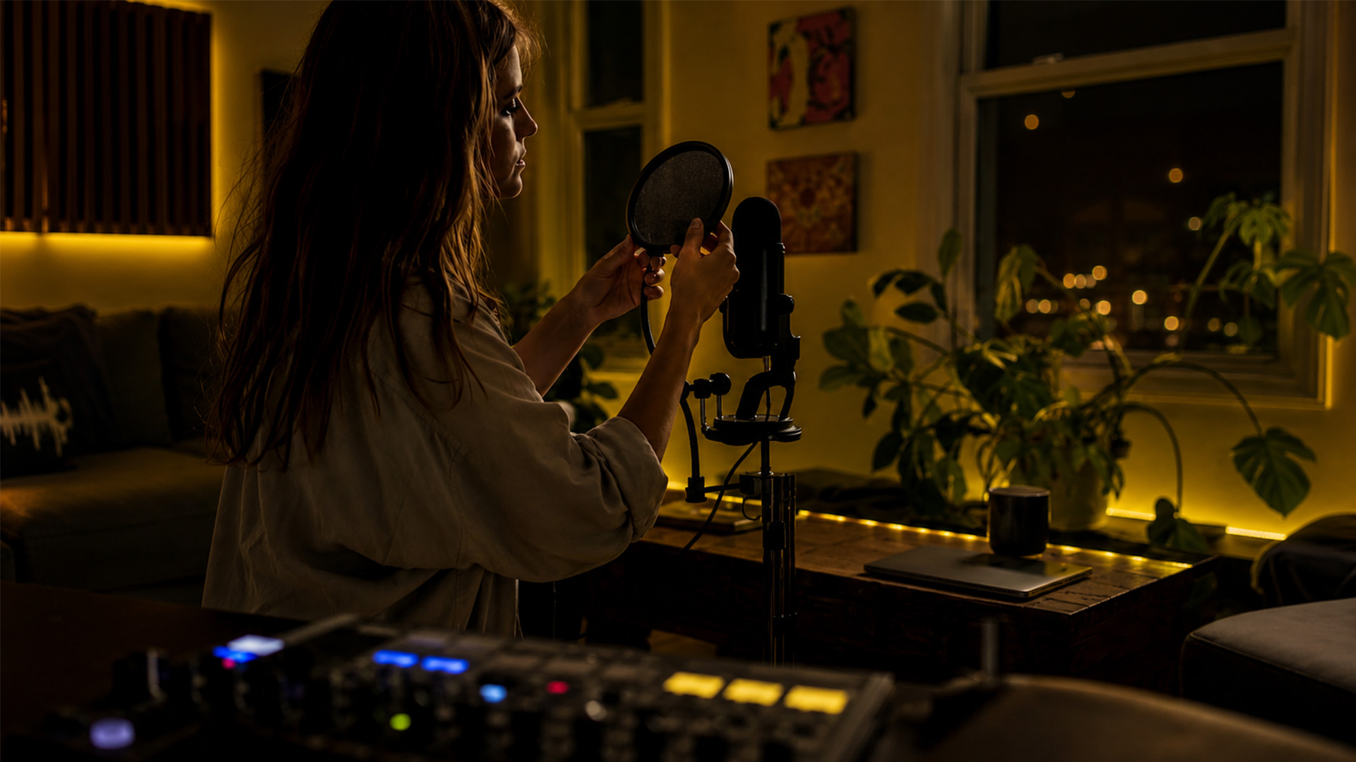 A performer setting up a microphone in a home recording space