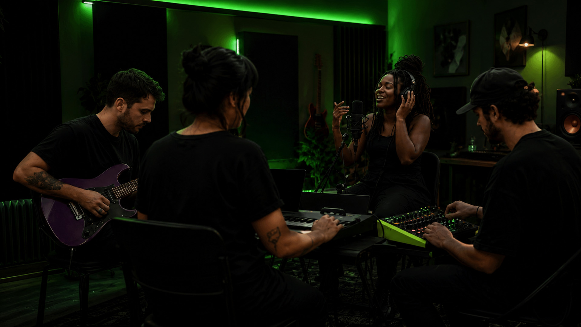 A band collaborating with instruments and laptops