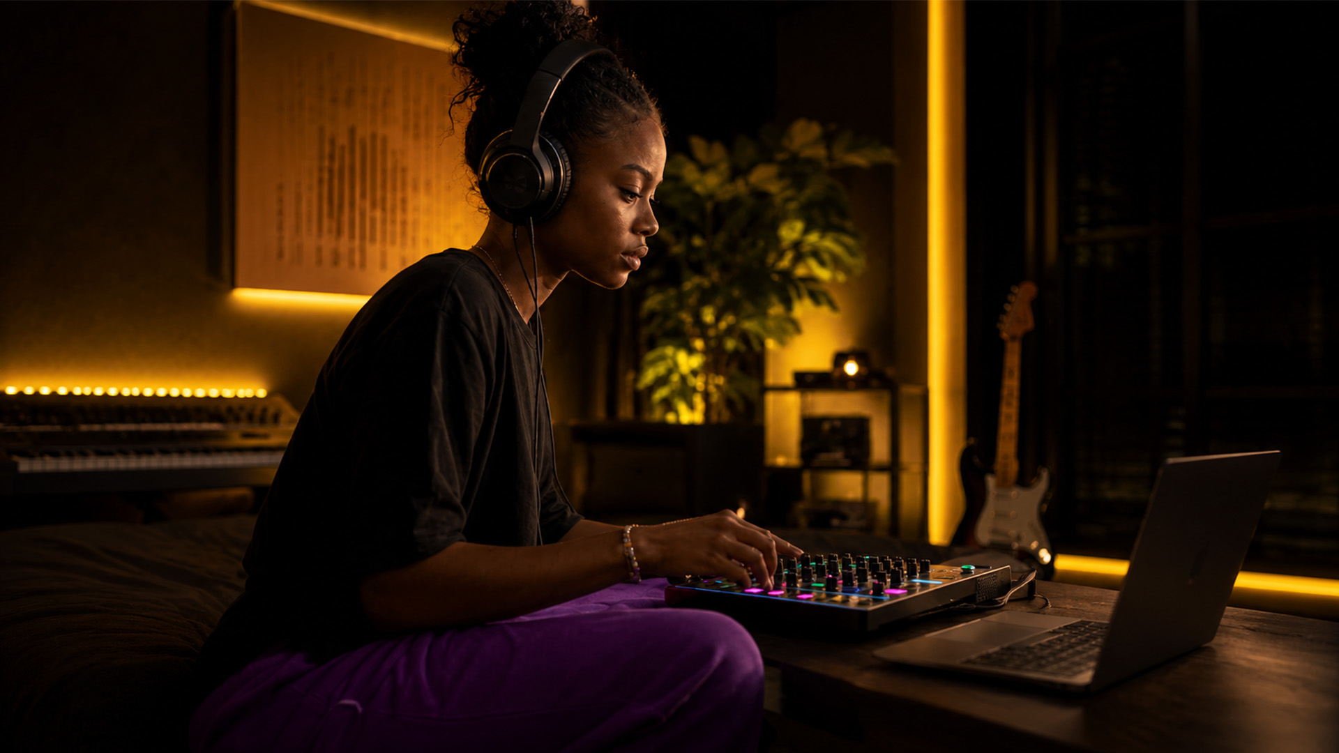 A woman using an audio interface in a home studio