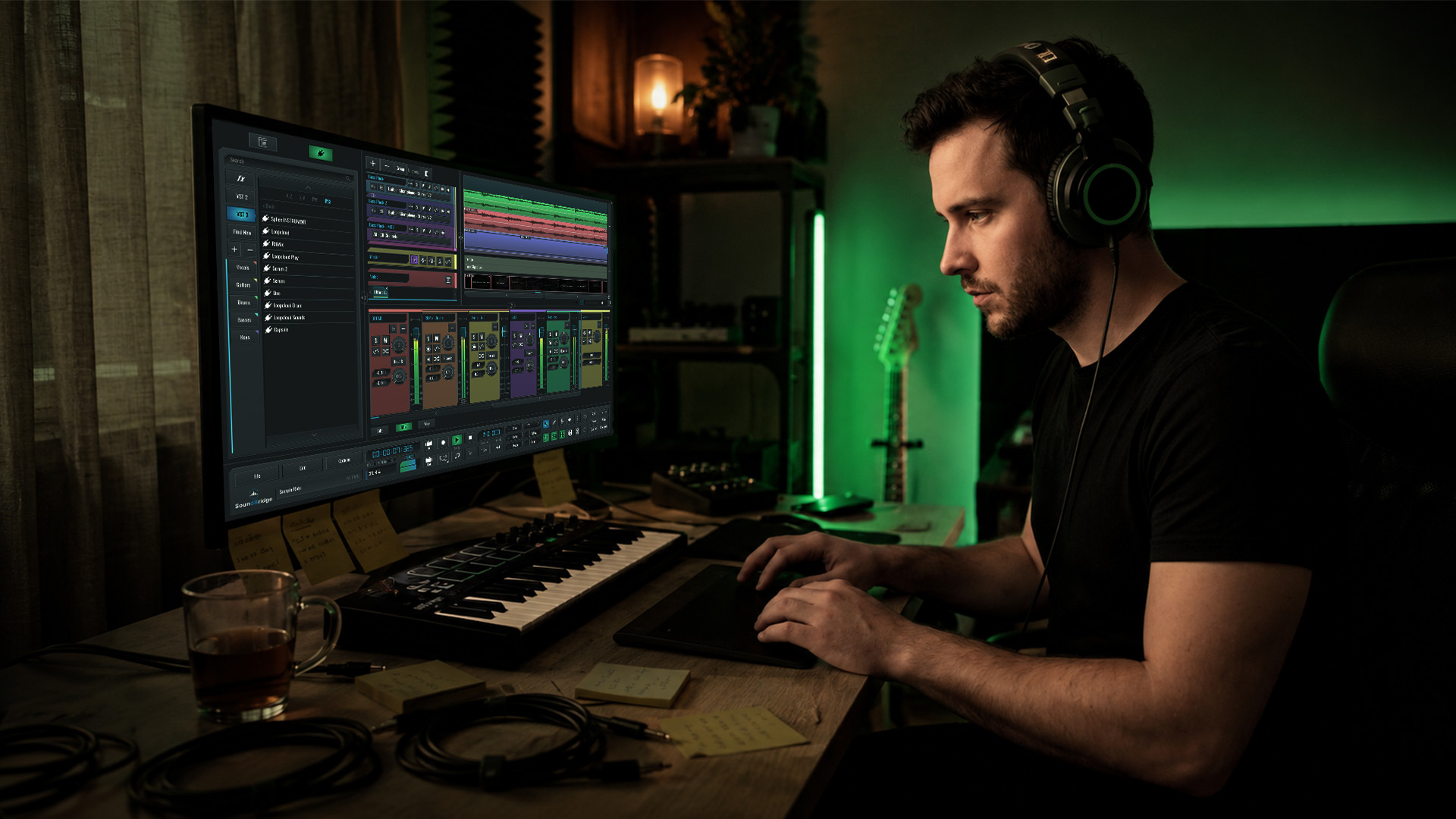 A music producer editing audio in a home studio
