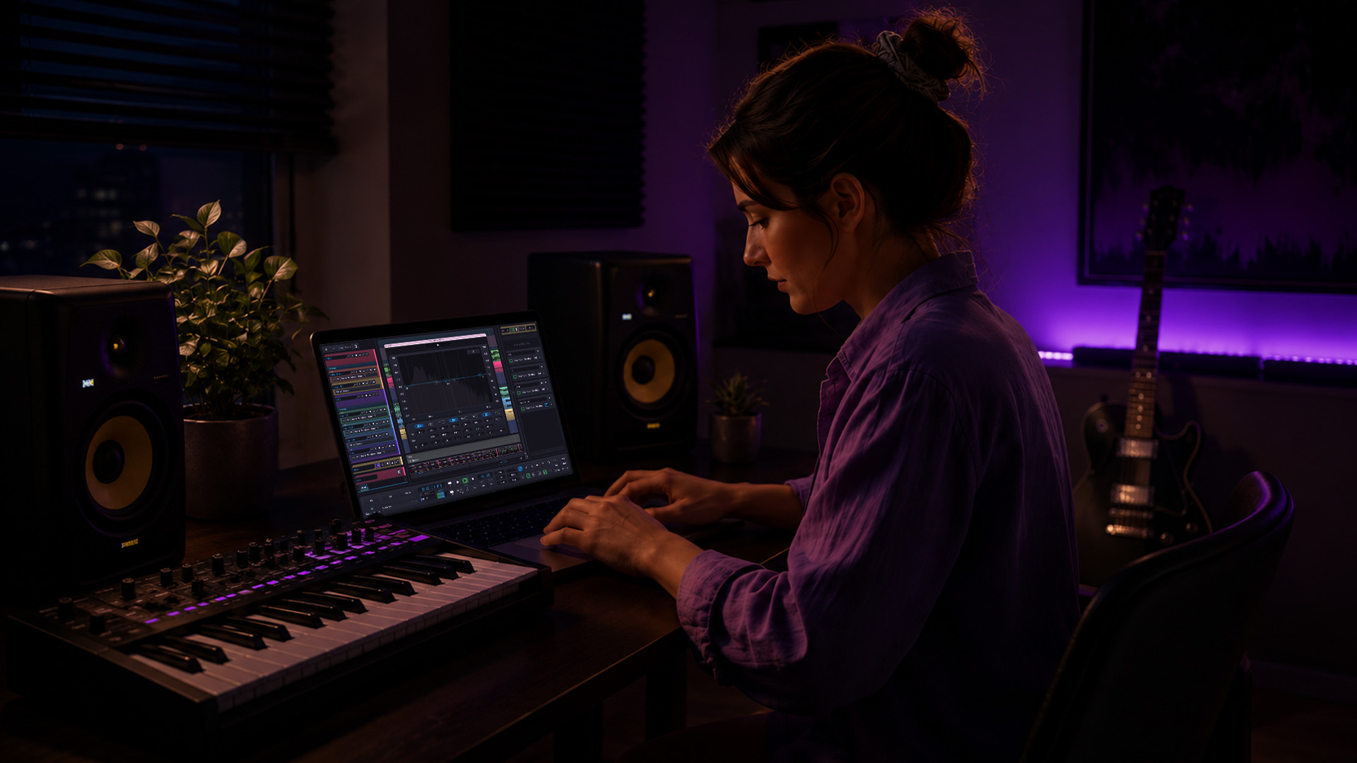 A producer editing audio on a laptop