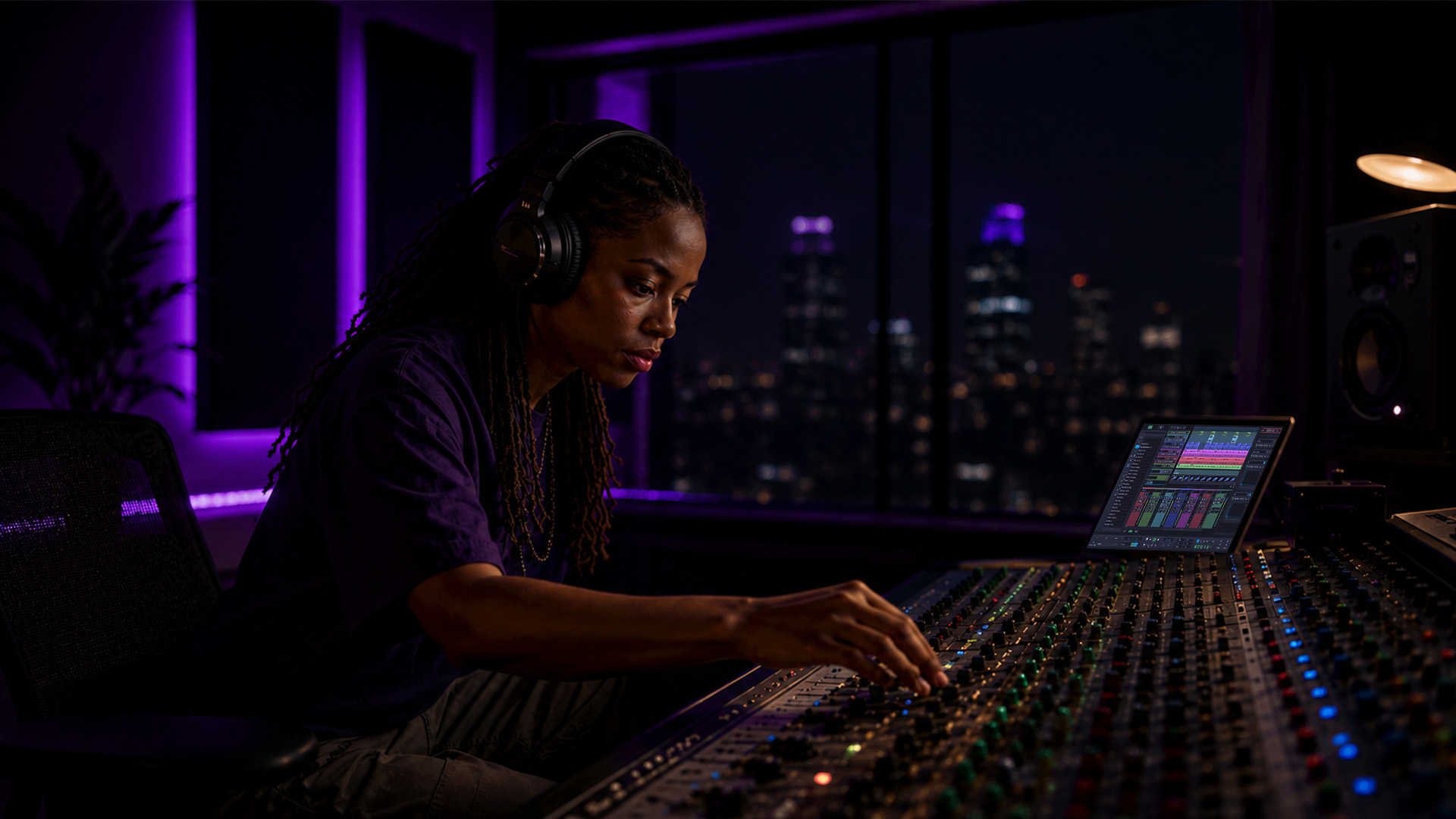 An audio engineer adjusting mixing console controls