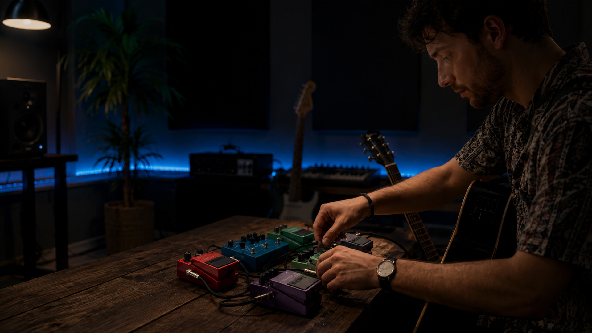 Hands adjusting analog audio effect pedals