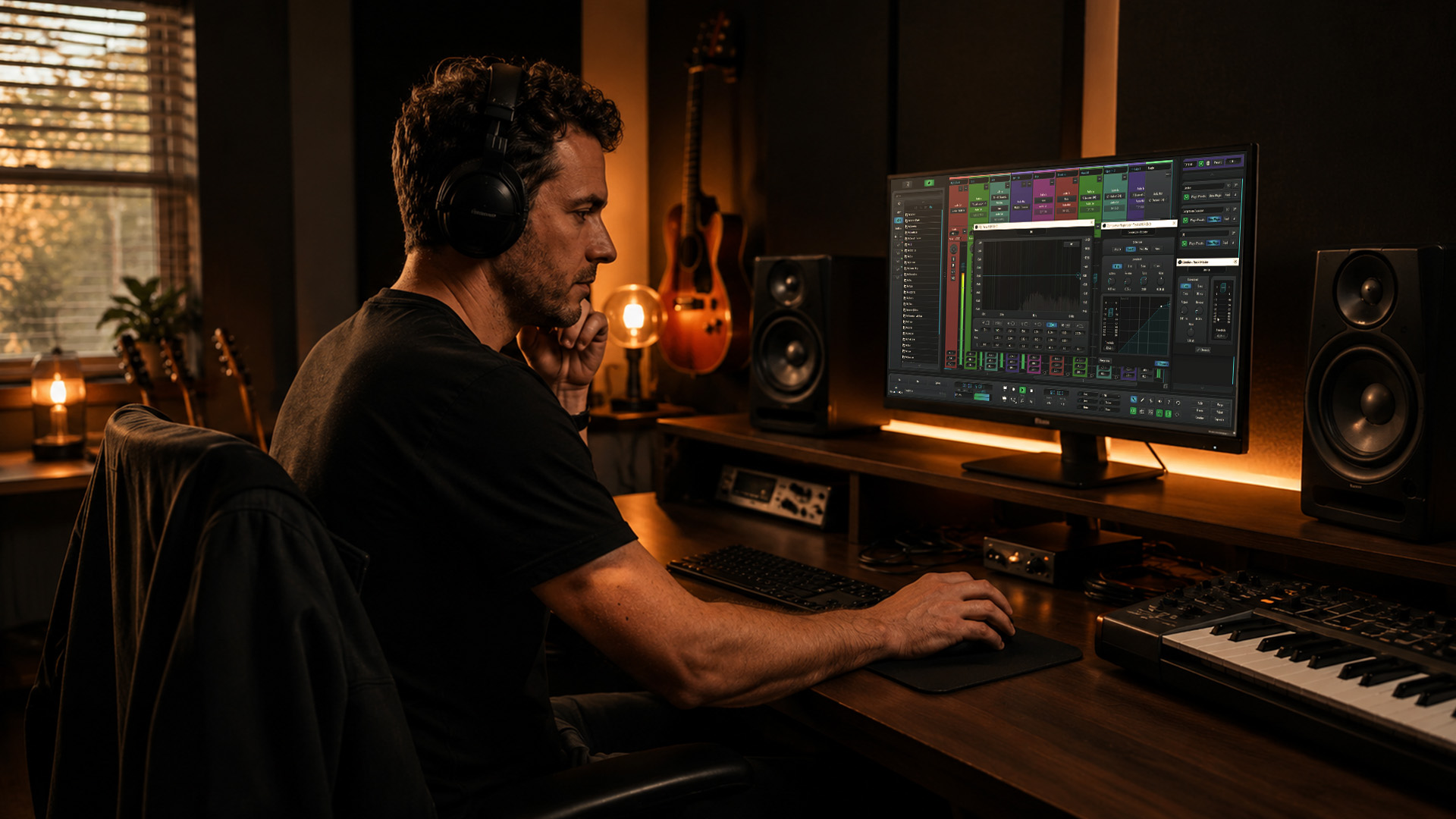An audio engineer mastering a track in home studio